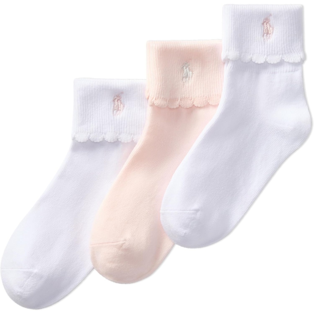 imagePolo Ralph Lauren Girls Scalloped Edge Turn Cuff Ankle Socks 3 Pair PackWhite Pink