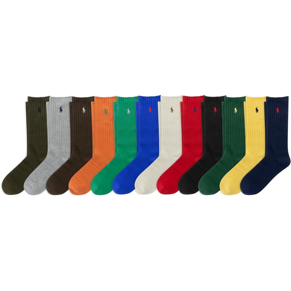 imagePolo Ralph Lauren Mens Cotton Ribbed Dress Crew Socks 1 Pair Pack Solid Color Cushioned ComfortAssorted 12 Pack Gift Box