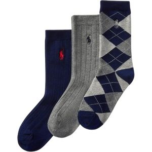 POLO RALPH LAUREN Boys’ Argyle Pattern Dress Crew Socks – 3 Pair Pack – Soft Lightweight Cotton Comfort(Navy Assorted)