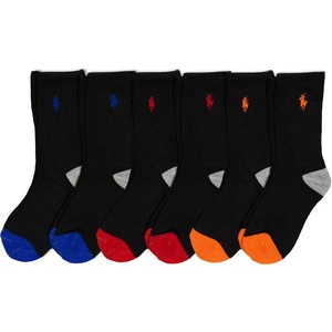 POLO RALPH LAUREN Boys’ Athletic Performance Crew Socks – 6 Pair Pack – Soft Cushioned Comfort(Black Assorted)