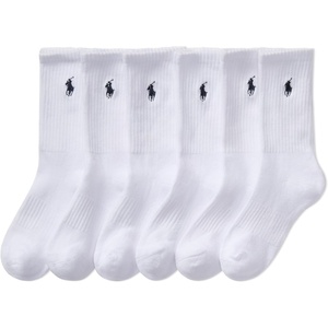 POLO RALPH LAUREN Boys’ Athletic Performance Crew Socks – 6 Pair Pack – Soft Cushioned Comfort(White Cotton)