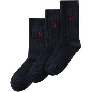 POLO RALPH LAUREN Boys’ Classic Solid Rib Dress Crew Socks – 3 Pair Pack – Sustainable Cotton Comfort(Navy)