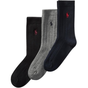 POLO RALPH LAUREN Boys’ Classic Solid Rib Dress Crew Socks – 3 Pair Pack – Sustainable Cotton Comfort(Navy Assorted)