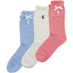 POLO RALPH LAUREN Girls’ Ribbon Pointelle Ankle Socks – 3 Pair Pack – Cotton Ruffle Top(Light Assorted)