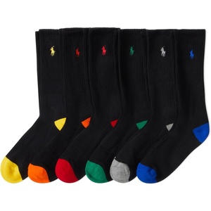 POLO RALPH LAUREN Men’s Performance Crew Socks 6 Pack(Multicolor Tip Black)