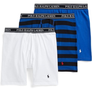 POLO RALPH LAUREN Underwear Boxer Brief, 3-Pack, Stretch Classic Fit, Moisture Wicking Pouch, Regular, Trunk & Long Leg(White/Black & Blue Stripe/Blue – 3 Pack)