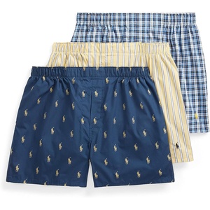 POLO RALPH LAUREN Underwear Boxers Pack, 3-Pack, Classic Fit Cotton Woven Men’s Underwear, (Big & Tall Availble)(Navy/Yellow  Stripe/Navy  Plaid/Yellow – 3 Pack)