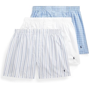 POLO RALPH LAUREN Underwear Boxers Pack, 3-Pack, Classic Fit Cotton Woven Men’s Underwear, (Big & Tall Availble)(White/Navy  Stripe/Navy  Plaid/Navy – 3 Pack)