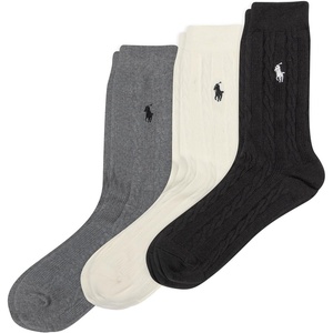 POLO RALPH LAUREN Women’s Classic Cotton Cable Crew Socks – 3 Pair Pack – Soft Cotton Comfort(Black Assorted)