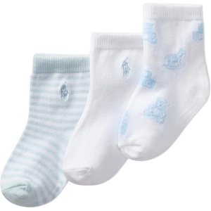 POLO RALPH LAUREN baby-girls Organic Cotton Socks – 3 Pair Pack – Soft Cable and Tossed Cotton(Soft Blue Bear)