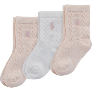 POLO RALPH LAUREN baby-girls Organic Cotton Socks – 3 Pair Pack – Soft Cable and Tossed Cotton(Soft Pink)