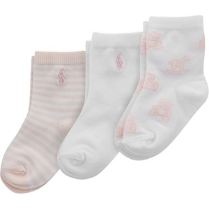 POLO RALPH LAUREN baby-girls Organic Cotton Socks – 3 Pair Pack – Soft Cable and Tossed Cotton(Soft Pink Bear)