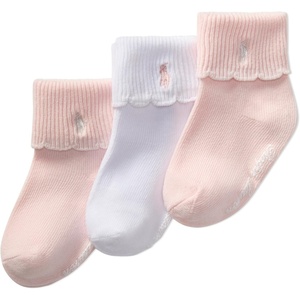 Polo Ralph Lauren Baby’s Scalloped Edge Turn Cuff Ankle Socks, 3 Pair Pack(Soft Pink)