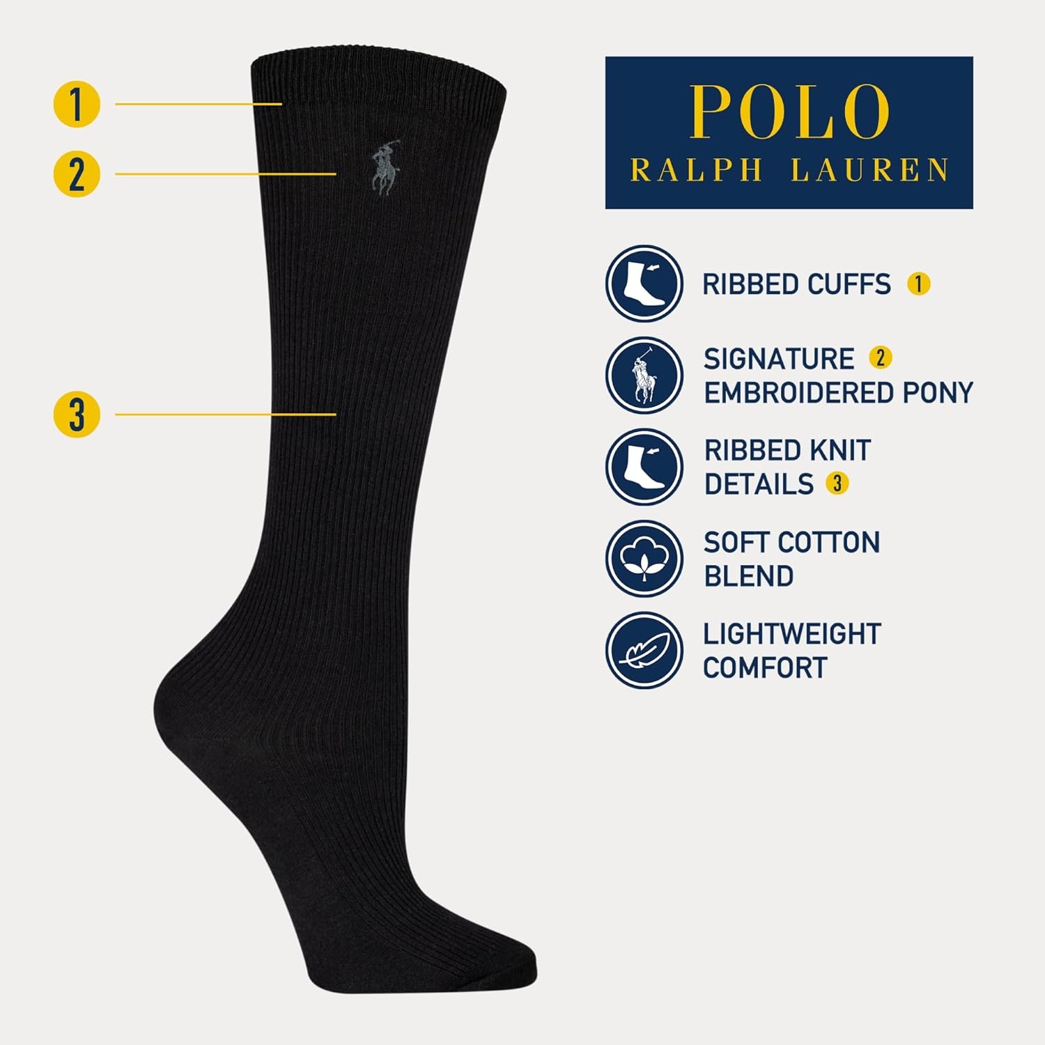 image:imagePOLO RALPH LAUREN Womens Classic Ribbed Knee High Socks 1 Pair Pack Cotton ComfortBlack