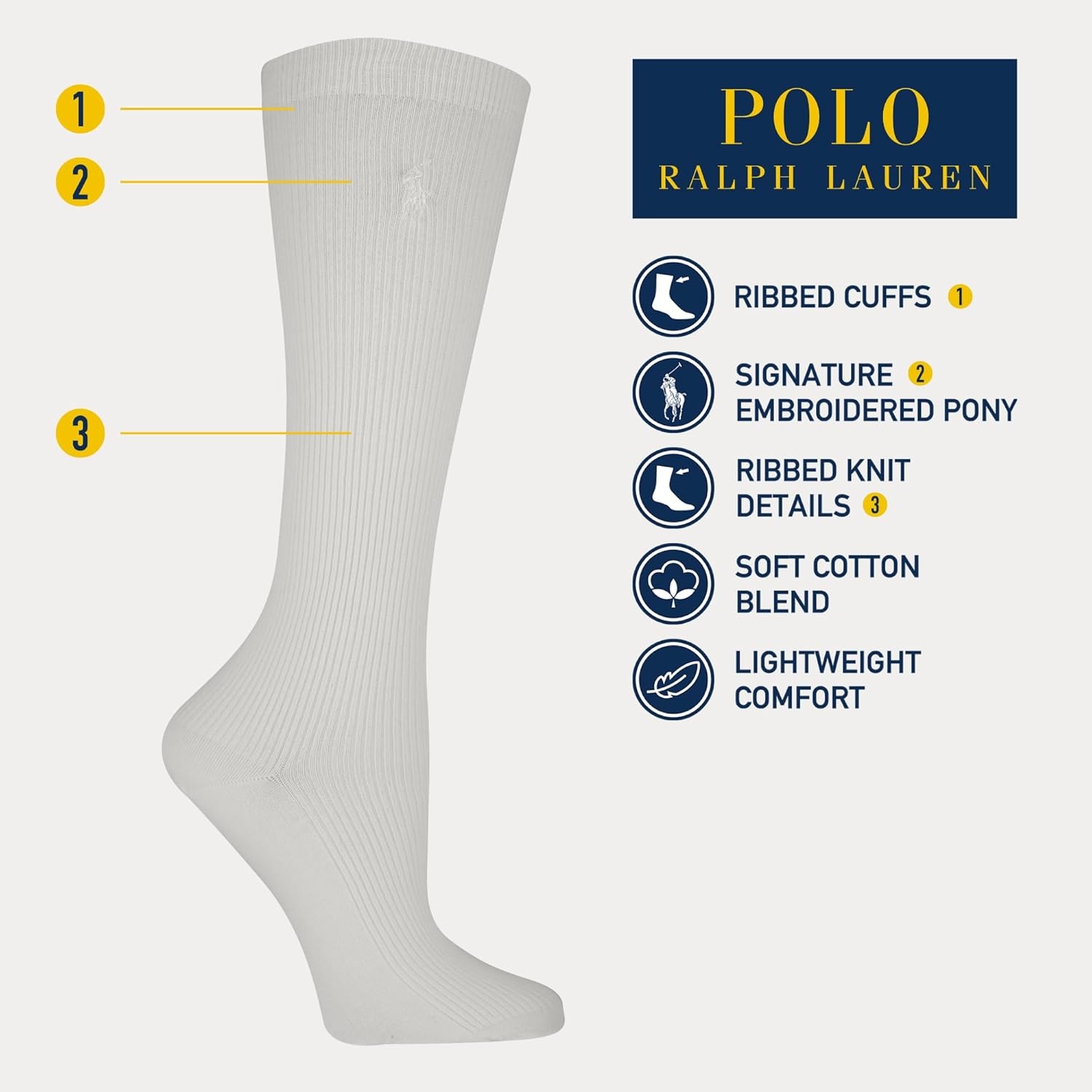 image:imagePOLO RALPH LAUREN Womens Classic Ribbed Knee High Socks 1 Pair Pack Cotton ComfortIvory