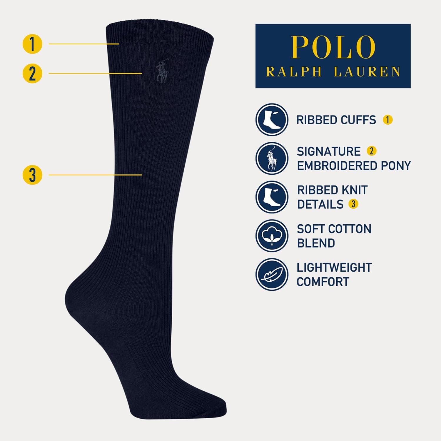 image:imagePOLO RALPH LAUREN Womens Classic Ribbed Knee High Socks 1 Pair Pack Cotton ComfortNavy
