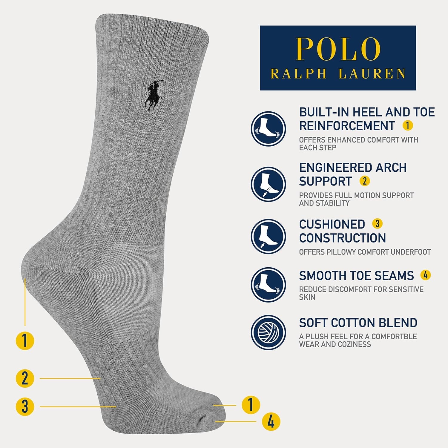 image:imagePOLO RALPH LAUREN Womens Crew Sport Socks 6 PackGray Assorted