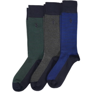 POLO RALPH LAUREN Feeder Stripe Casual Crew Socks – 3 Pair Pack – Lightweight Cotton Comfort(Blue)