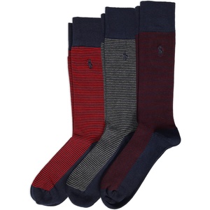 POLO RALPH LAUREN Feeder Stripe Casual Crew Socks – 3 Pair Pack – Lightweight Cotton Comfort(Wine)